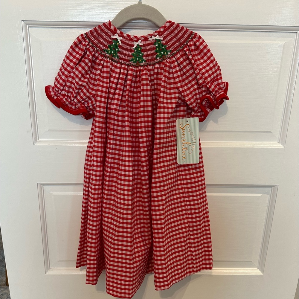 NWT Red Gingham Christmas Tree Smocked Dress